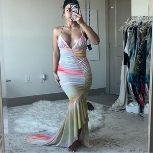 Revolve x Michael Costello water color mermaid dress ruched dress